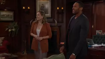 ASTR The Label Taupe Stripe Skirt worn by Hope Logan(Annika Noelle) as seen in The Bold and the Beautiful on January 30, 2025