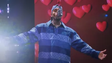 Louis Vuitton Blue Patchwork Striped Denim Polo worn by Chris Brown in Chris Brown - Residuals (Official Video)
