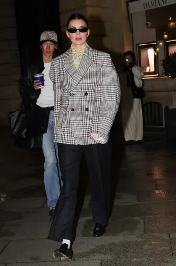 Bottega Veneta Printed Leather Striped Shirt worn by Kendall Jenner in Paris on January 26, 2025