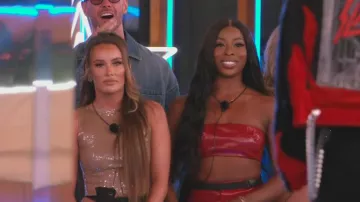 Pretty Little Thing Light Brown Sequin Boatneck Crop Top worn by Harriett Blackmore as seen in Love Island: All Stars (S02E18)