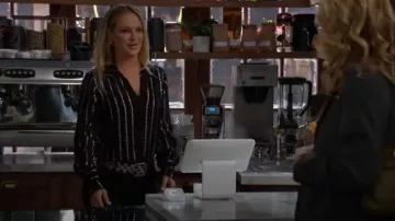 Paige Sosa Metallic Stripe Shirt worn by  Sharon Newman(Sharon Case) as seen in The Young and the Restless on February 11, 2025