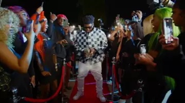 Louis Vuitton White & Navy Damier Leather Jacket worn by BossMan Dlow in BossMan Dlow - 46th Street (Official Music Video)