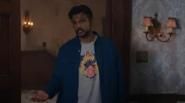 Dungeons and Dragons Fire Breath Grey Tee worn by Jay Arondekar (Utkarsh Ambudkar) as seen in Ghosts (S04E11)