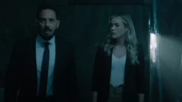 Theory Staple Blazer in Admiral Crepe worn by Rebecca Henderson (Melissa Roxburgh) as seen in The Hunting Party (S01E01)