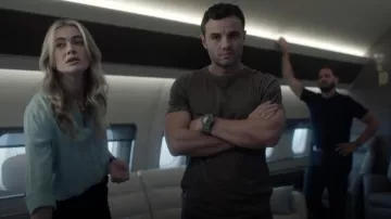 Halogen Blue Button Up Shirt in Iced Aqua worn by Rebecca Henderson (Melissa Roxburgh) as seen in The Hunting Party (S01E02)