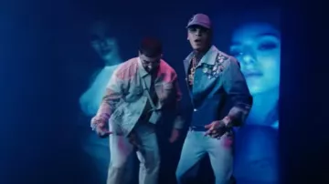 Off-White Blue Denim Dragon Patch Hat used by Luar La L in Luar La L x Anuel AA - BADDIE (Official Video)