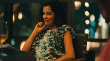 Roses Silk Habotai Ruffle Sleeveless Maxi Dress Green worn by Victoria Ratliff (Parker Posey) as seen in The White Lotus (S03E01)