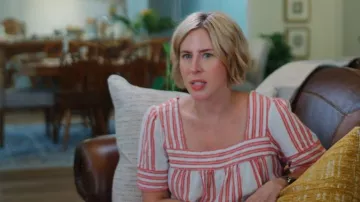 Old Navy Striped Orange Pink Ruffle Blouse Blank Top Shirt worn by Erin Napier as seen in Home Town (S09E07)
