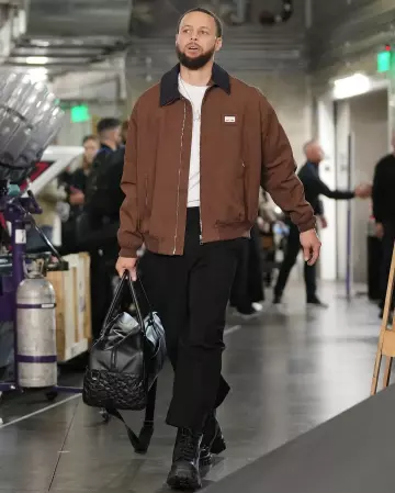 Gucci Dark Brown Suede-Collar Work Jacket worn by Stephen Curry on the Instagram account @nbafashionfits