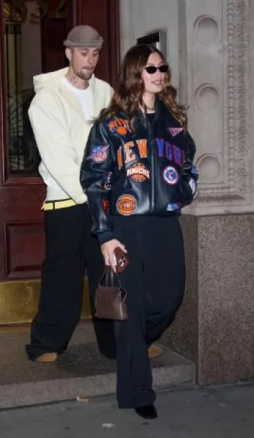 Kith x Avirex for Madison Square Garden Sports Icon Jacket worn by Hailey Baldwin in New York City on February 1, 2025