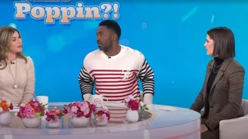 Alice + Olivia Persol Blazer in Camel Black worn by Daryn Carp as seen in Today with Jenna & Friends on February 20, 2025