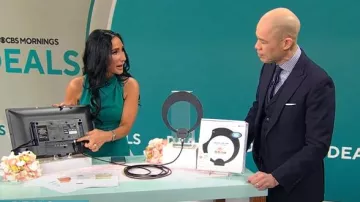 Reiss Giana Dress in Green worn by Elizabeth Werner as seen in CBS Saturday Morning on February 21, 2025