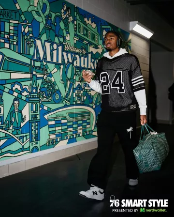 Nahmias Black Knit 24 Football Jersey worn by Tyrese Maxey on the Instagram account @sixers