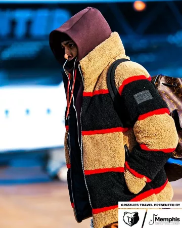 Burberry Brown Icon Fleece Down Jacket worn by Temetrius Morant on the Instagram account @memgrizz