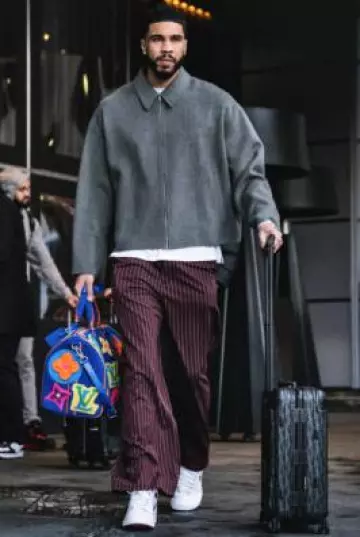 MNML Burgundy Pinstripe Wide Leg Pants worn by Jayson Tatum on the Instagram account @celtics