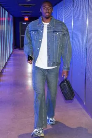 Feng Chen Wang Blue Multi Seam Double Waist Jeans worn by Tyrese Maxey on the Instagram account @sixers