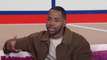 Tod's Pashmy Coach Jacket in Suede worn by Jay Ellis as seen in Today with Jenna & Friends on February 25, 2025