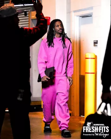 Nike x Stussy Lotus Pink Logo Sweatshirt worn by Temetrius Morant on the Instagram account @memgrizz