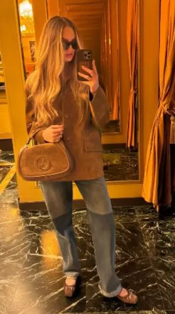 Gucci Patchwork Low-Rise Boyfriend Jeans worn by Romee Strijd on her Instagram Story on February 25, 2025