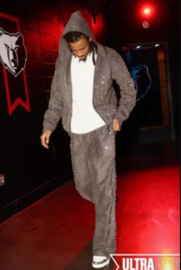 Birth Of Royal Child Black Pearl Embellished Sweatpants worn by Temetrius Morant on the Instagram account @memgrizz