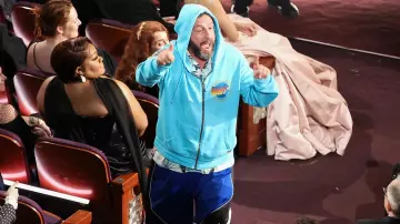 Aviator Nation Malibu California Oscars Outfit Blue Hoodie worn by Adam Sandler in The Academy Awards