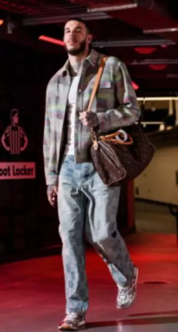Louis Vuitton Light Blue Damier 'Skate' Jeans worn by Lonzo Ball on the Instagram account @chicagobulls