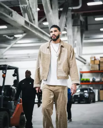 Honor The Gift Beige Colorblock 'Groove Panel' Pants worn by Jayson Tatum on the Instagram account @celtics