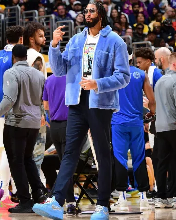 Marni Periwinkle Blue Shearling Shirt Jacket worn by Anthony Davis on the Instagram account @nbafashionfits