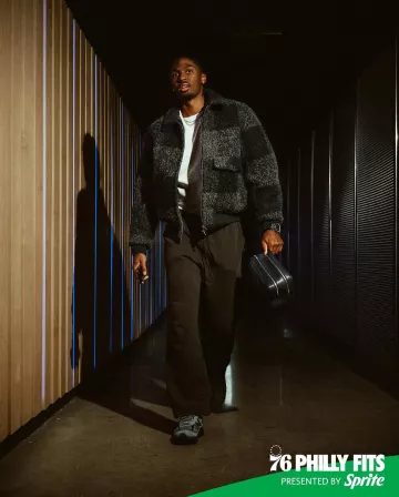 Kith Dark Grey & Navy Check Boucle Bomber Jacket worn by Tyrese Maxey on the Instagram account @sixers