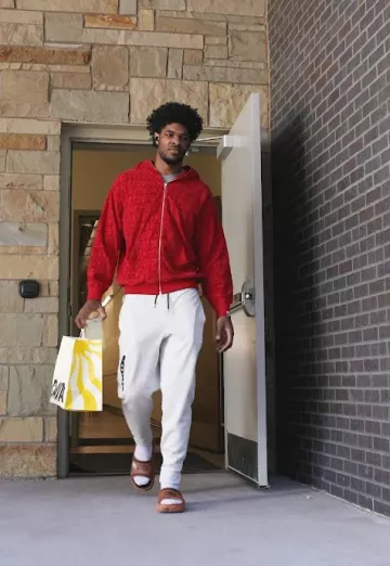 Bape Red Allover Logo Zip Shark Hoodie worn by Scoot Henderson on the Instagram account @trailblazers