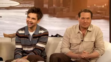 Todd Snyder Silk Cotton Beach Stripe Sweater Polo worn by Drew Tarver as seen in The Drew Barrymore Show on March 6, 2025