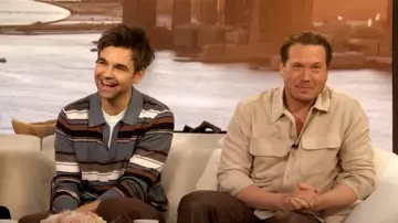 Todd Snyder Silk Cotton Beach Stripe Sweater Polo worn by Drew Tarver as seen in The Drew Barrymore Show on March 6, 2025