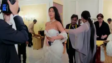 Manish Malhotra custom Ivory Lehenga worn by Kim Kardashian as seen in The Kardashians (S06E06)