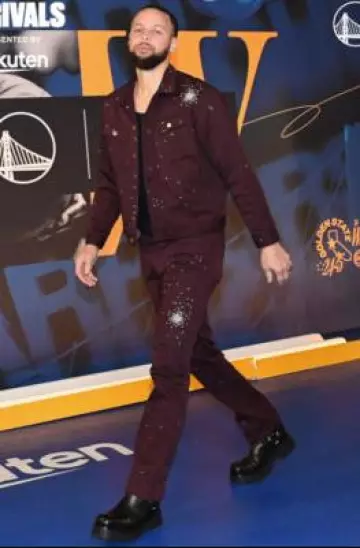 Undercover Dark Burgundy Scattered Cross Prints Denim Jacket worn by Stephen Curry on the Instagram account @nba