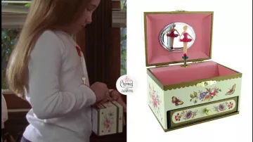 Trousselier musical jewellery box made of wood covered with decorated paper with drawer and mirror used by Kate (Rachel David) in Charmed (S03E03)