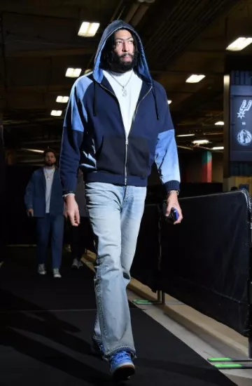 Loewe Washed Blue Denim, Navy & Black Patchwork Zip Hoodie worn by Anthony Davis on the Instagram account @nbafashionfits