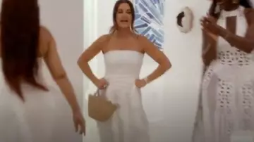 Aqua Natural Rattan Crystal Handle Tote Bag worn by Kyle Richards as seen in The Real Housewives of Beverly Hills (S14E16)