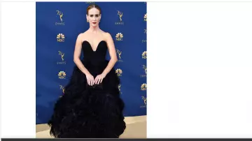 Oscar de la Renta Elegant Strapless Black Feather Ball Gown used by Sarah Paulson at the 2018 Emmys