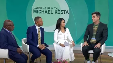 Scotch & Soda Stripe Textured Cotton Knit Polo in Sage Green Multi Stripe worn by Michael Kosta as seen in Today on  March 20, 2025