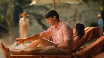 Southern Tide Beachcast Floral Print Short Sleeve Woven Shirt worn by Saxon Ratliff (Patrick Schwarzenegger) as seen in The White Lotus (S03E06)
