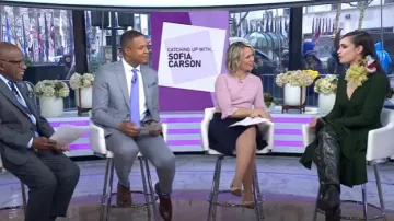 Elie Saab Gathered Crepe Midi Dress in Forest Green worn by Sofia Carson as seen in Today on March 24, 2025