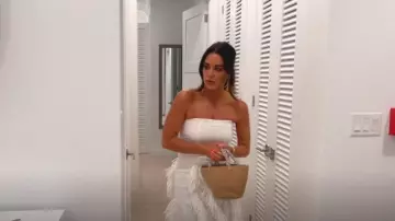 Aqua Natural Rattan Crystal Handle Tote Bag worn by Kyle Richards as seen in The Real Housewives of Beverly Hills (S14E16)