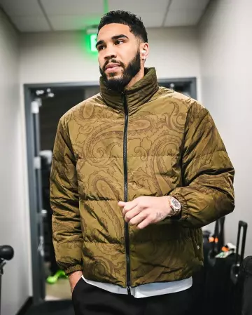 Burberry Olive Green Paisley Down Jacket worn by Jayson Tatum on the Instagram account @celtics
