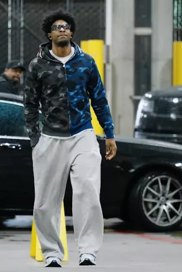 Bape Black & Navy Split 'Color Camo' Zip Shark Hoodie worn by Scoot Henderson on the Instagram account @trailblazers