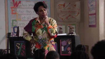 Alémais Tiger Printed Silk Twill Shirt worn by Barbara Howard (Sheryl Lee Ralph) as seen in Abbott Elementary (S04E19)