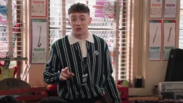 Bershka Stripe Knit Polo in Green worn by Jacob Hill (Chris Perfetti) as seen in Abbott Elementary (S04E19)