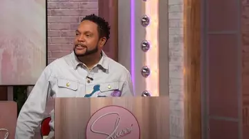KidSuper Face Embroidered Denim Jacket worn by Jawn Murray as seen in Sherri on March 26, 2025