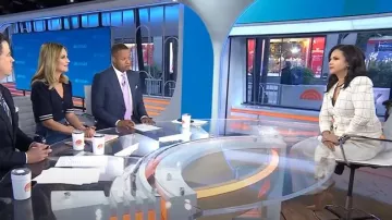 L'Agence Jenni Cardigan in Ivory Cappuccino Multi worn by Laura Jarrett as seen in Today on March 27, 2025