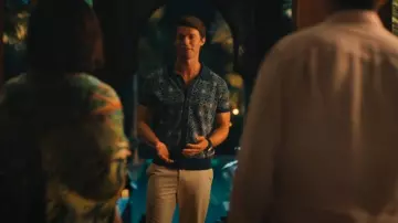 Brooks Brothers Medallion Print Short Sleeve Cotton Cardigan worn by Saxon Ratliff (Patrick Schwarzenegger) as seen in The White Lotus (S03E07)