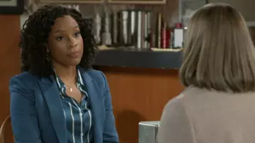 Veronica Beard Monique Striped Silk-Blend Long-Sleeve Shirt worn by  Naomi Hamilton Hawthorne(Arielle Prepetit) as seen in Beyond the Gates (S01E20)